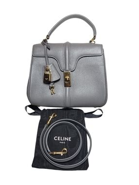 Celine 16 Top Handle Bag Grey Pebble Leather Small Crossbody Grained Calfskin